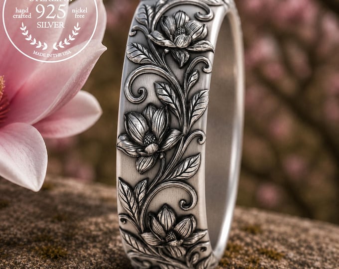 Sterling Magnolia Wedding Band, Woman's Blooming Flower Ring, Silver Southern Bride Ring, Western Flower Jewelry, 5065