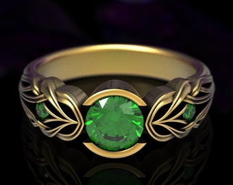 Gold & Emerald Engagement Ring, Gold Art Nouveau Ring, Emerald Engagement Ring, Womens Gold Engagement Ring, White Gold Engagement Ring,1658