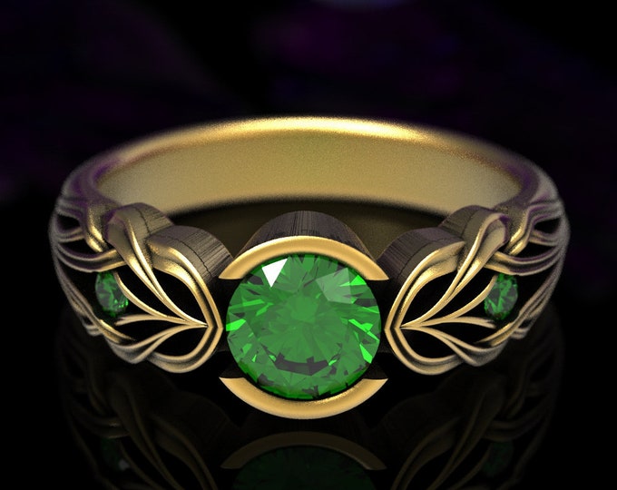 Gold & Emerald Engagement Ring, Gold Art Nouveau Ring, Emerald Engagement Ring, Womens Gold Engagement Ring, White Gold Engagement Ring,1658