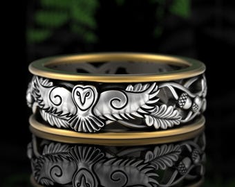 2tone Forest Owl Wedding Band, Sterling & 10K Gold Groom's Ring, Flying Owl Feathers Ring, Bird of Prey Marriage Ring, Oak Leaf Acorn, 5802