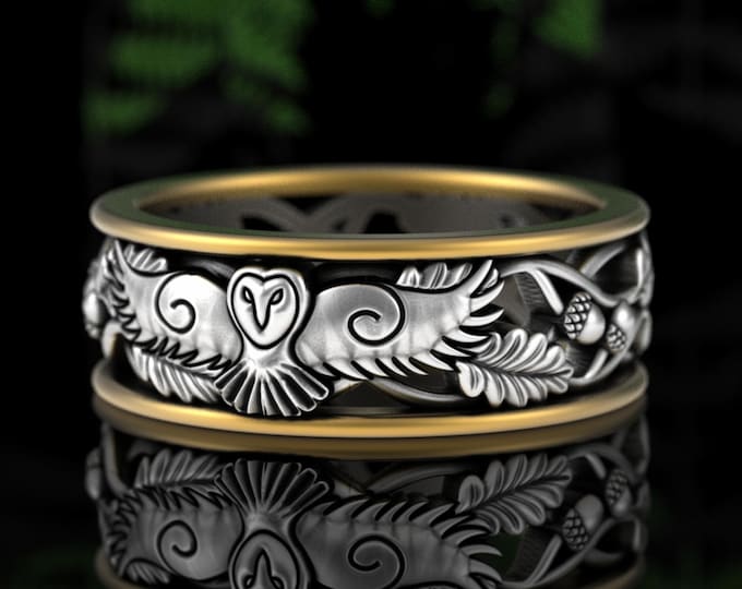 2tone Forest Owl Wedding Band, Sterling & 10K Gold Groom's Ring, Flying Owl Feathers Ring, Bird of Prey Marriage Ring, Oak Leaf Acorn, 5802