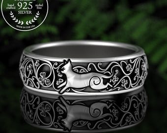 2 Kittens Playing Among Clover Meadow, Sterling Lucky Cats Ring, Botanical Irish Luck Ring, Celtic Kitty Cat Wedding Ring for Woman, 5050