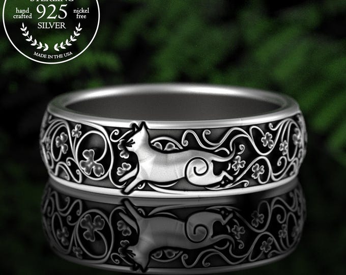 2 Kittens Playing Among Clover Meadow, Sterling Lucky Cats Ring, Botanical Irish Luck Ring, Celtic Kitty Cat Wedding Ring for Woman, 5050