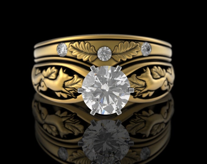 Gold Matching Fox Bridal Engagement Set, 10K 14K Foxes & Moissanite Solitaire Wedding Ring, Brides Stacking Platinum Foxes Rings, 3150 5014