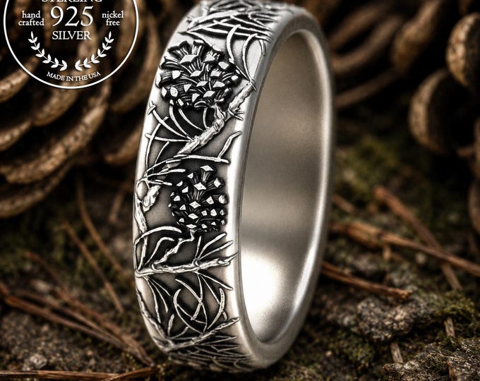 Men's Ponderosa Pine Needle Ring, Sterling Spruce Pinecone Wedding Band, Silver Mountain Forest Groom's Ring, Evergreen Tree Jewelry, 2062