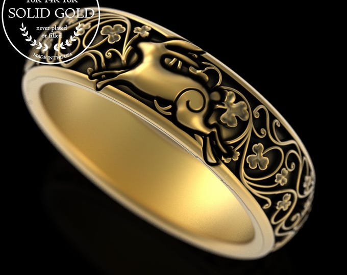Gold Bunny Shamrock Ring, 10K Lucky Irish Clover Wedding Band, 14K White Gold Rabbit of Luck Ring, Platinum Year of the Rabbit Ring, 5051