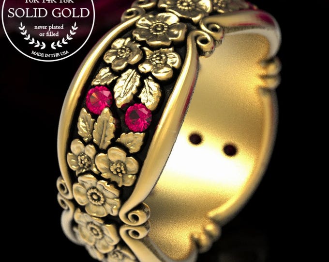 Forget-me-not Wedding Band with Ruby Accents, Gold Flower Ring, Flower Wedding Band, Platinum Floral Ring, Nature Inspired Ring, 184-R4
