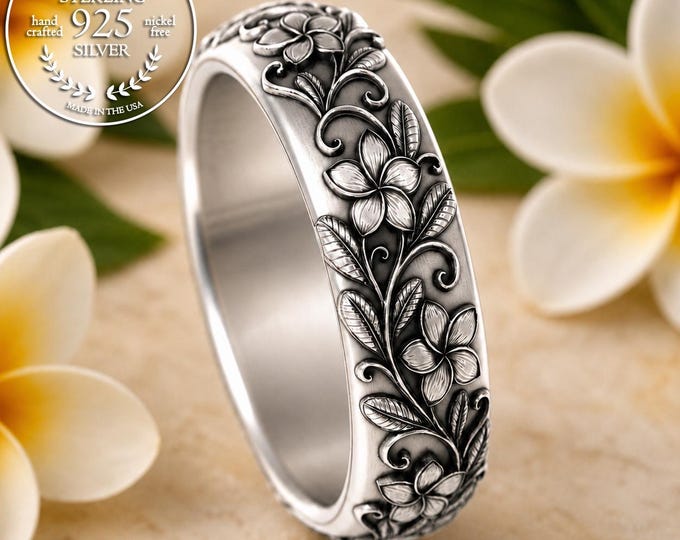 Sterling Plumeria Wedding Band, Woman's Silver Flower Ring, Hawaii Bridal Ring, Tropical Floral Ring, Island Botanical Jewelry, 5228
