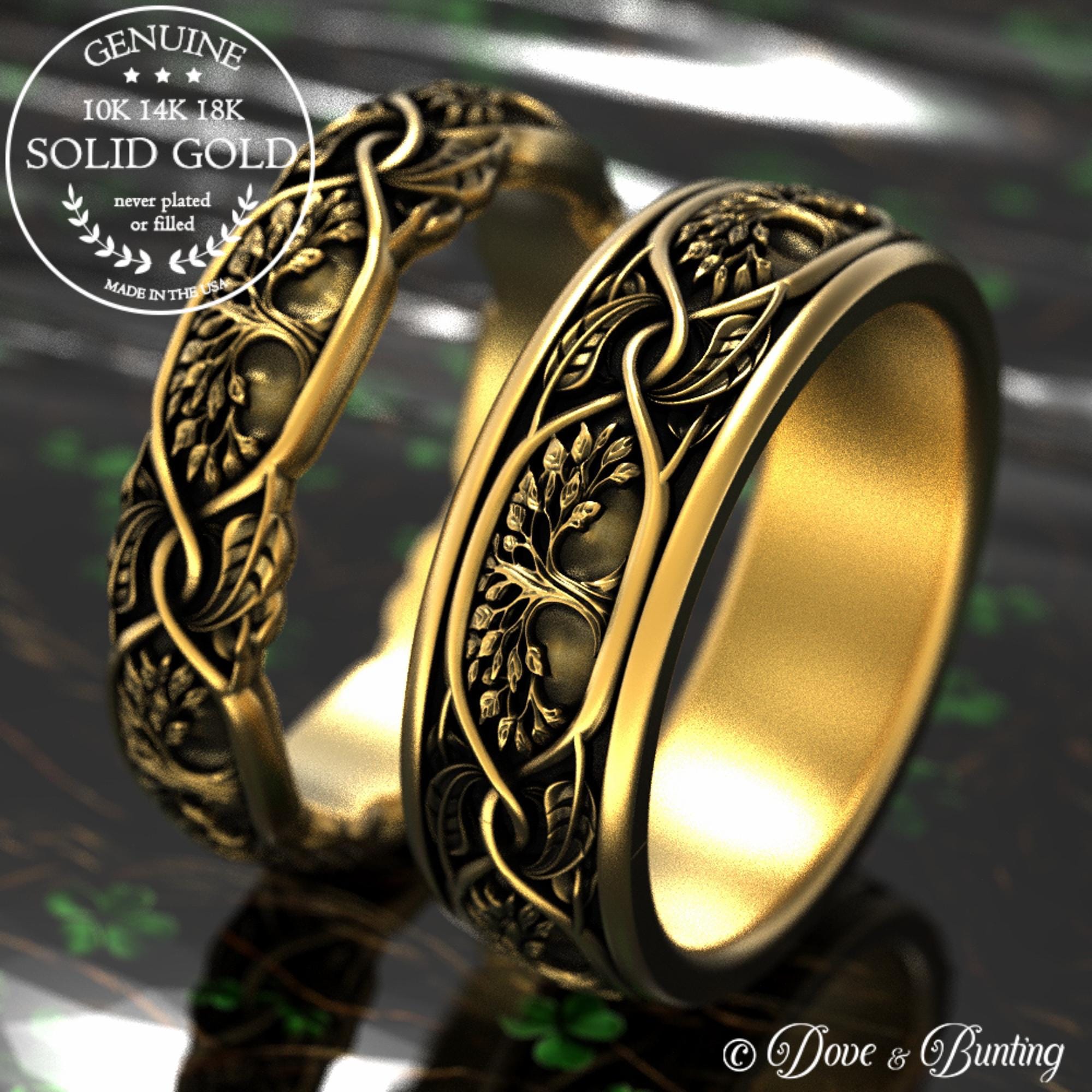 His Hers Tree of Life Wedding Rings, 10K Gold Oak Tree Rings, 14K