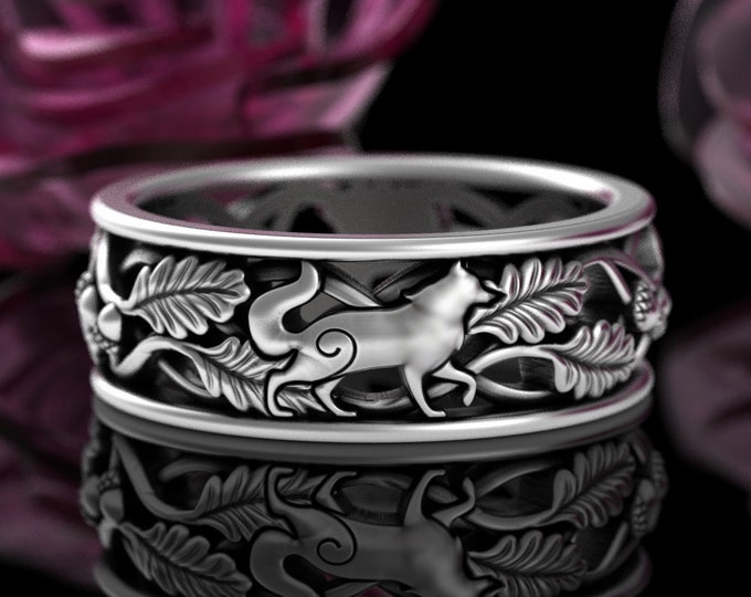 Mens Style Wolf Forest Wedding Ring, Sterling Silver Canine Ring, Botanical Wolf Wedding Band, Huskie Dog Wolf Ring, Grooms Wolf Ring, 5551