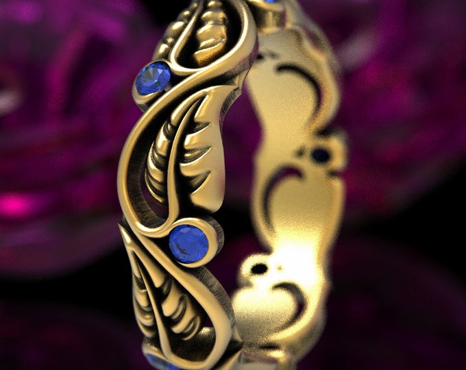 Sapphire Leaf Ring, Gold Leaf Ring, Womans Leaf Ring, Nature Wedding Ring, Floral Wedding Band, Vintage Leaf Ring, Womens Nature Ring, 1626