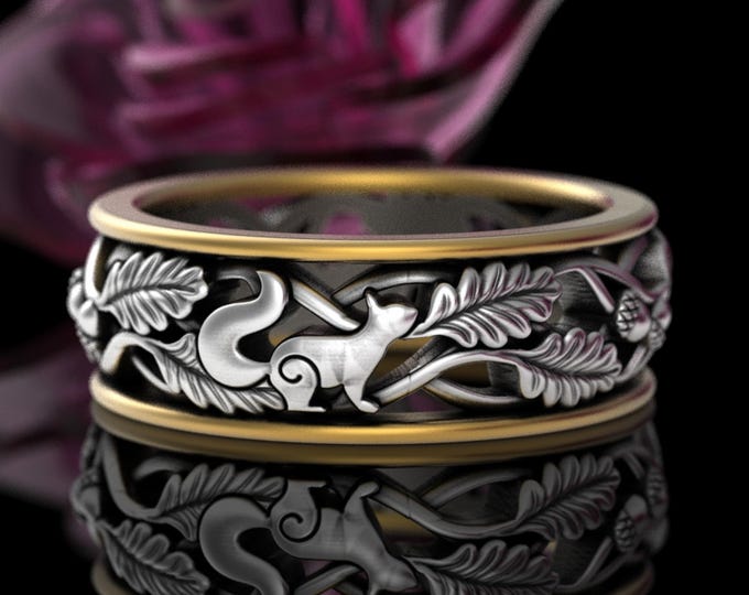 2-tone Squirrel Wedding Band, Sterling & 10K Gold Groom Nature Ring, Silver Gold Autumn Inspired Wedding Ring, Oak Leaf Marriage Ring, 5805