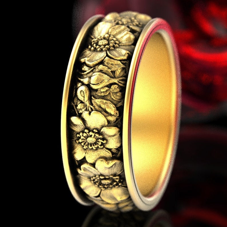 ハンドメイドリング ゴールドフラワー結婚指輪、フローラルリング、ローズウェディング