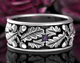 Mens Alexandrite Ring, Sterling Mens Ring, Nature Wedding Band, Silver Leaf Ring, Sterling Acorn Ring, Oak Leaf Ring, Nature Ring, 1611