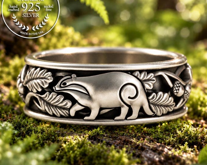 Sterling Men's Badger Ring, Silver English Badger Wedding Band, Badger Spirit Animal, Autumn Forest Wedding, Badger Animal Jewelry, 5521
