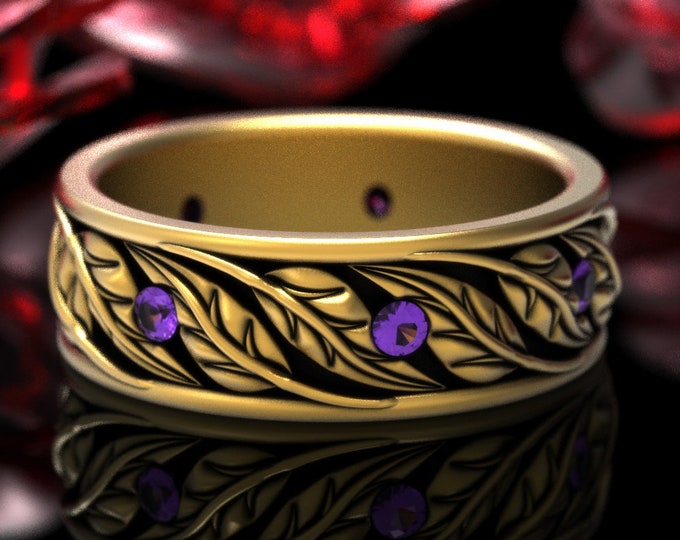 Gold & Amethyst Leaves Wedding Band, 10K 14K 18K White Gold Nature Botanical Ring, Platinum Amethyst Leaf Pattern Wedding Ring, 1959