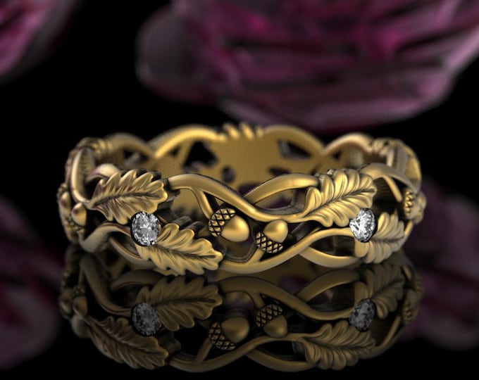 Womens Gold Nature Wedding Band, 10K 14K White Gold Moissanite Nature Forest Ring, Rose Gold Botanical Oak Leaves, Fall Harvest Wedding,5042