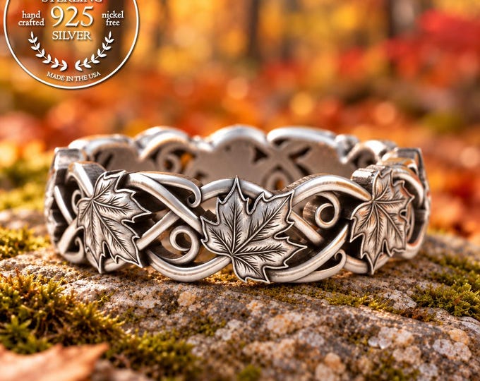 Sterling Maple Leaf Wedding Band, Woman's Forest Ring, Silver Handmade Botanical Ring, Autumn Theme Jewelry, 5711