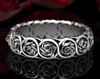 Sterling Rose Wedding Ring, Art Nouveau Flower Ring, Silver Rose Petal Ring, Wild Rose Wedding Band, Womans Floral Ring, June Flower, 1573