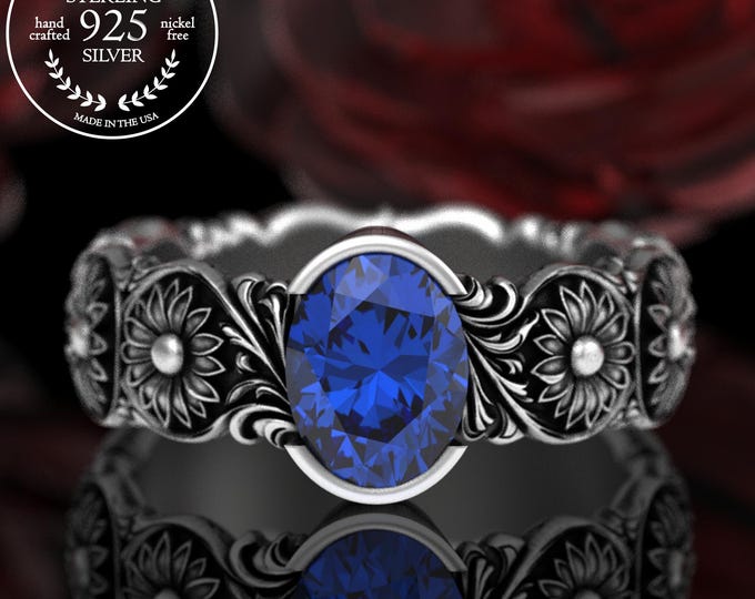 Sterling & Blue Sapphire Western Engagement Ring, Bezel-Set Sunflower Wedding Band, Southern Belle Jewelry, 5064
