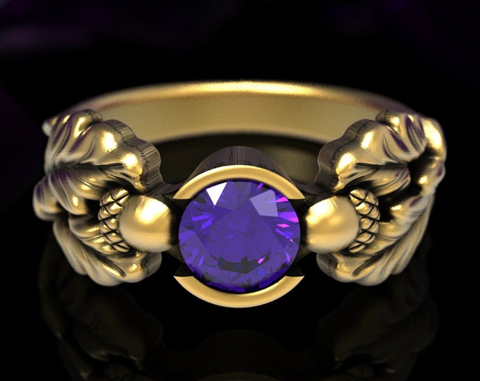 Gold Acorn Ring, Gold Amethyst Engagement Ring, Nature Engagement Ring, Gold Leaf Wedding Ring, Oak Tree Ring, Gold Tree Wedding Ring, 1604