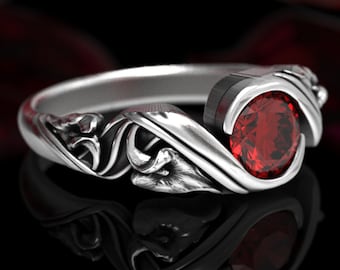 Ruby Calla Lily Engagement Ring, Art Nouveau Calla Lily Ring, Ruby Wedding Ring, Floral Calla Lily Ring, Red Nature Ring, 1525