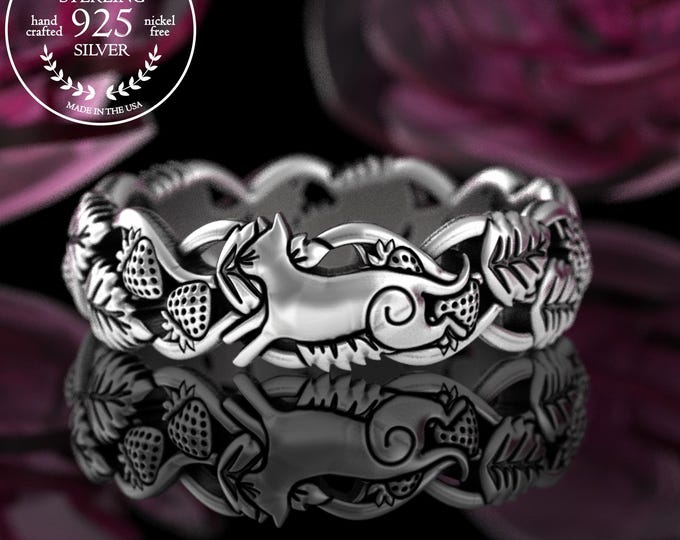 Sterling Kitty Cat & Strawberries Ring, Silver Pouncing Kitten Wedding Band, Botanical Forest Ring, Women's Cat Ring, Nature Inspired, 5409