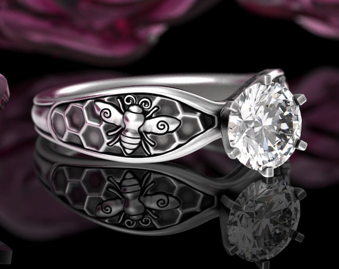 Sterling & 1 Carat Moissanite Bumblebee Engagement, Honey Bee Solitaire Ring, Diamond Queen Bee Wedding Ring, Honeycomb Wedding Ring, 5028
