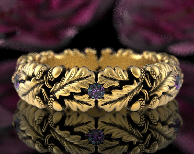 Alexandrite Tree Ring, Gold Alexandrite Ring, White Gold Alexandrite Wedding Ring, Oak Tree Ring, Forest Wedding Ring, Gold Acorn Ring, 1612