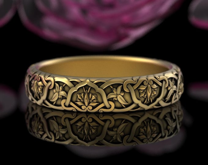 10K Gold Scrollwork Art Nouveau Ring, Platinum Botanical Delicate Wedding Band, 18K Intricate Floral Pattern, 14K Bridal Flower Band, 5029