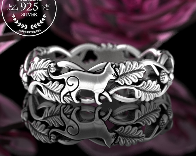 Sterling Cat & Oak Leaf Ring, Silver Kitten Forest Wedding Band, Kitty Jewelry, Kitty Cat Wedding Ring, Nature Animal Wedding Ring, 5535