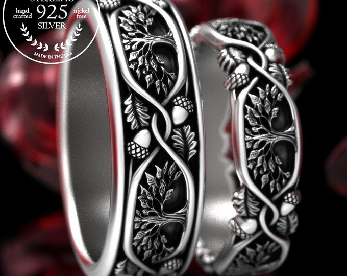 Sterling Oak & Acorn Wedding Set, Bride Groom Tree of Life Rings, Silver Enchanted Forest Wedding Bands, Wild Forest Rings, 2020 2021