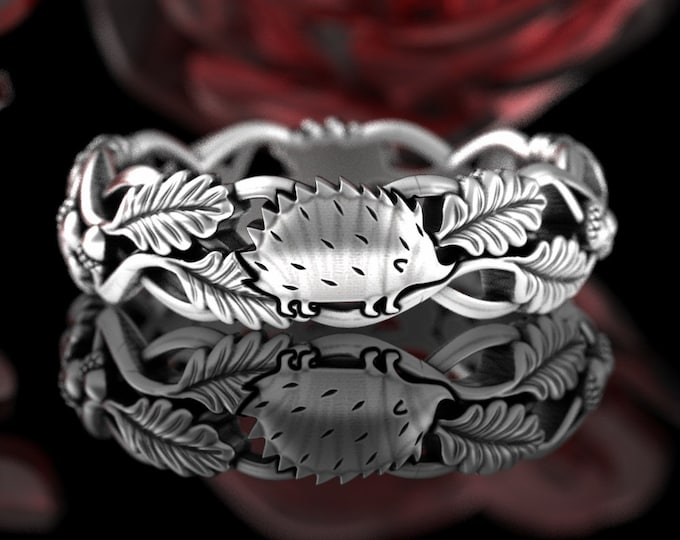 Cute Hedgehog Walking Forest Ring, Silver Porcupine Ring for Women, Oak Leaves Wedding Band, Woodland Wedding Band, Nature Theme Ring, 5546