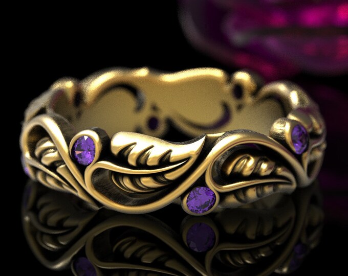 Amethyst Leaf Ring, Gold Leaf Ring, Womans Leaf Ring, Nature Wedding Ring, Floral Wedding Band, Vintage Leaf Ring, Womens Nature Ring, 1626