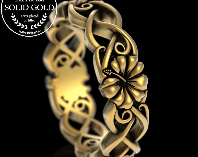 Gold Hibiscus Hawaiian Flower Ring, 14K White Gold Tropical Floral Ring, 18K Island Destination Wedding, 10K Rainforest Vow Renewal, 5704