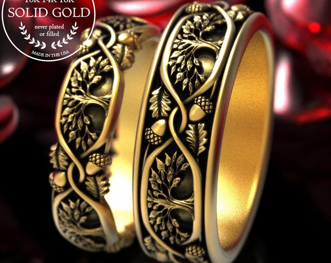 10K Gold Forest & Oak Tree Wedding Ring Set, Gold Acorn Nature Rings, 14K Wild Grove Wedding Bands, Bride Groom Botanical Rings, 2020 2021