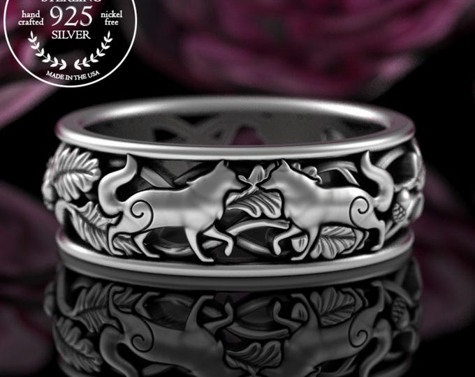 Groom Soulmate Wolves Forest Wedding Band, Sterling Men Wolf Wedding Band, Silver Canine Ring, Huskie Dog Ring, 925 Wild Wolf Pack Ring 5911