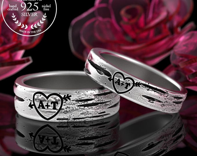 Sterling Sweetheart Ring Set, Silver Birch Tree Bark Wedding Bands, Matching Lovers Initials Rings, His & Hers Forest Jewelry, 5220 5219