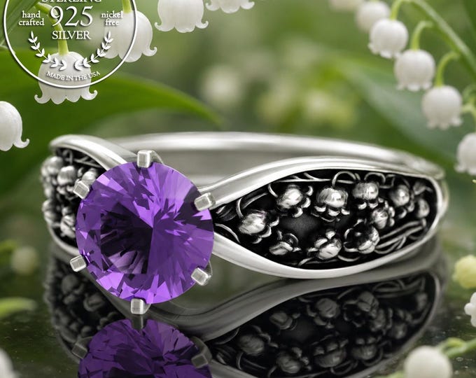 Amethyst Lily of the Valley Engagement, Sterling Bridal Bell Flower Wedding Ring, Silver Botanical Nature Ring, Floral Solitaire Ring, 5025