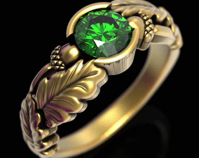 Gold Emerald Engagement Ring, Gold Acorn Ring, Nature Engagement Ring, Gold Leaf Wedding Ring, Oak Tree Ring, Gold Tree Wedding Ring, 1603