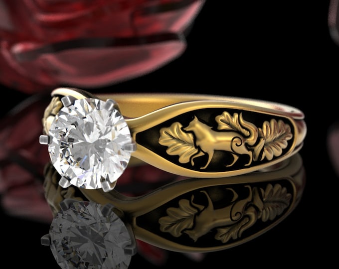 10K Gold Wolves Solitaire Ring, 1 Carat Moissanite Wolf Forest Wedding Engagement, 14K Diamond Huskie Ring, 18K Bridal Husky Wolf Ring, 5012