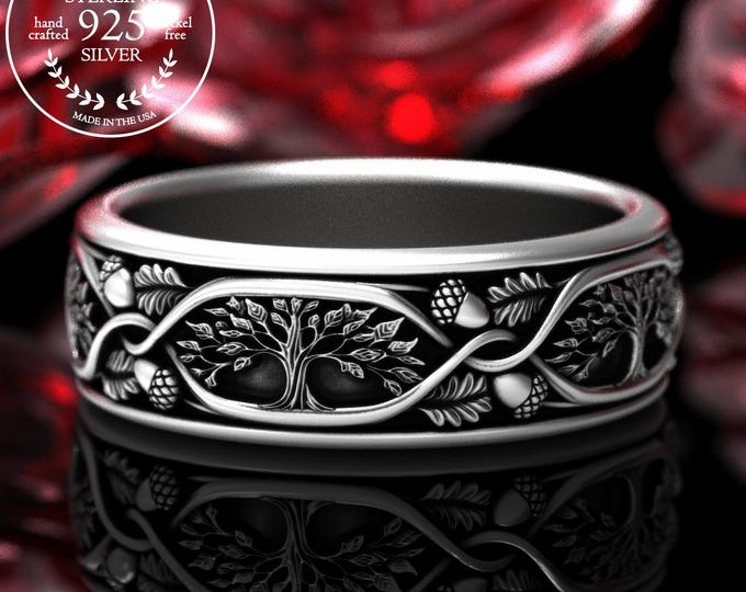 Sterling Tree Ring for Groom, Silver Men's Forest Wedding Band, Acorn Oak Tree Ring, 925 Tree of Life Ring, Silver Tree Nut Ring, 2021