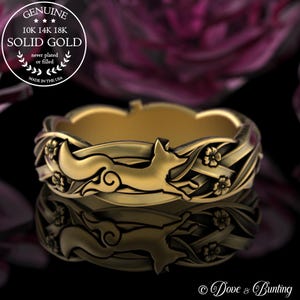 Gold Fox Love Ring, 10K Botanical Foxes Wedding Band, Lady Vixen Ring, 14K Fox Flowers Ring, Fox Spirit Animal Jewelry, Baby Fox Kits, 5210