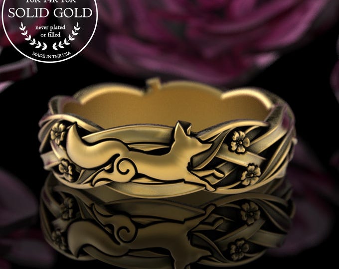 Gold Fox Love Ring, 10K Botanical Foxes Wedding Band, Lady Vixen Ring, 14K Fox Flowers Ring, Fox Spirit Animal Jewelry, Baby Fox Kits, 5210