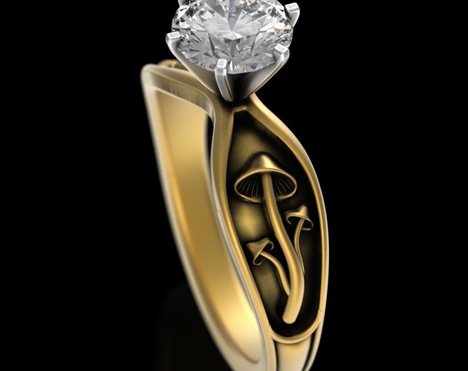 1 Carat Gold Mushroom Wedding Ring, Moissanite Nature Engagement Ring, 10K Pagan Witch Handfasting, 14K White Gold Botanical Solitaire, 5004