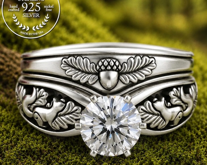 Squirrels Bridal Ring Set, Sterling & Moissanite Forest Stacking Engagement Ring, Matching Bride Acorn Oak Nature Wedding Set, 5003 5015