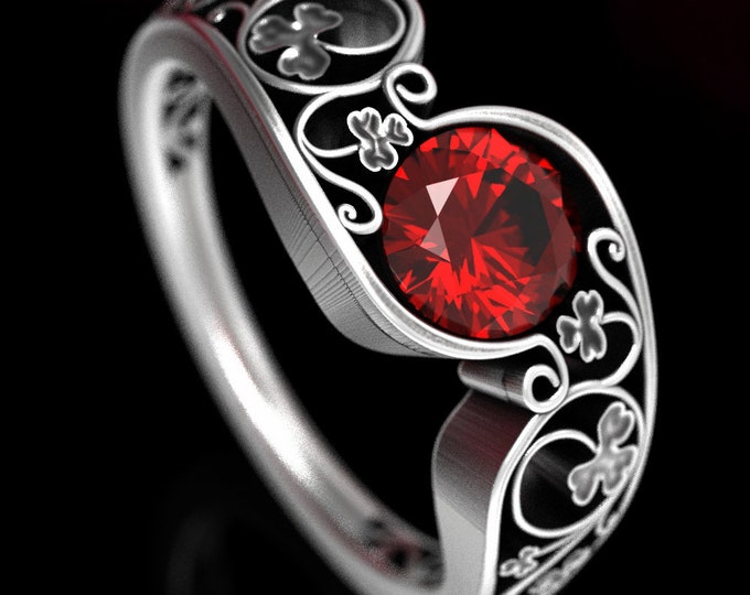 Ruby Engagement Ring, Silver Clover Engagement Ring, Art Nouveau Engagement Ring, Silver Art Nouveau Wedding Ring, Nature Wedding Band, 1547