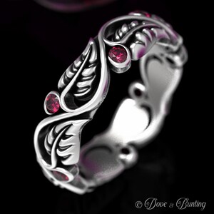 Silver Ruby Wedding Band, Sterling Silver Leaf Ring, Leaf Ring, Art Nouveau Swirl Ring, Silver Nature Wedding Ring, Silver Plant Ring, 1626