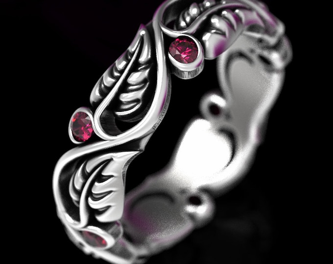 Silver Ruby Wedding Band, Sterling Silver Leaf Ring, Leaf Ring, Art Nouveau Swirl Ring, Silver Nature Wedding Ring, Silver Plant Ring, 1626