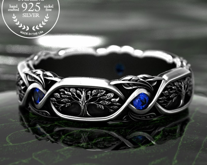 Art Nouveau Bride's Forest Ring, Sterling Sapphire Ruby Amethyst Botanical Wedding Band, Silver Intricate Tree of Life Ring for Woman, 2003